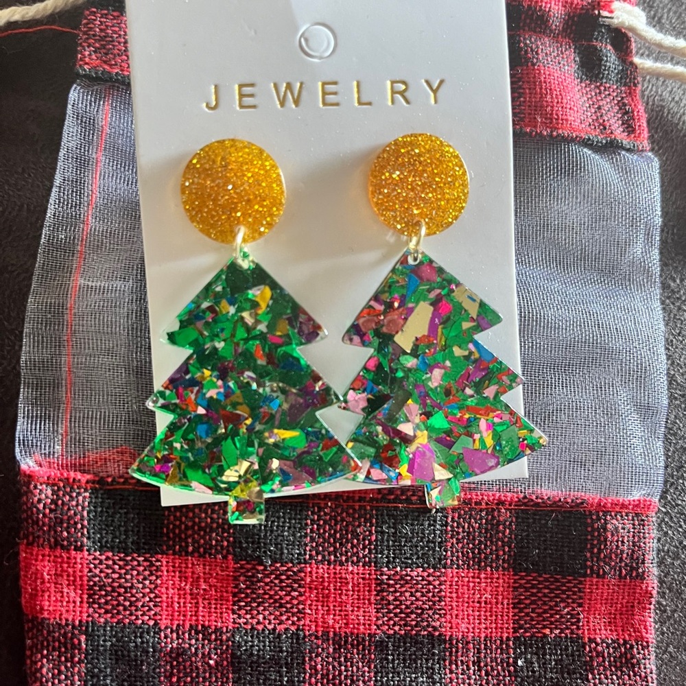 Glittery Green Christmas Tree Earrings - Picture 3 of 3